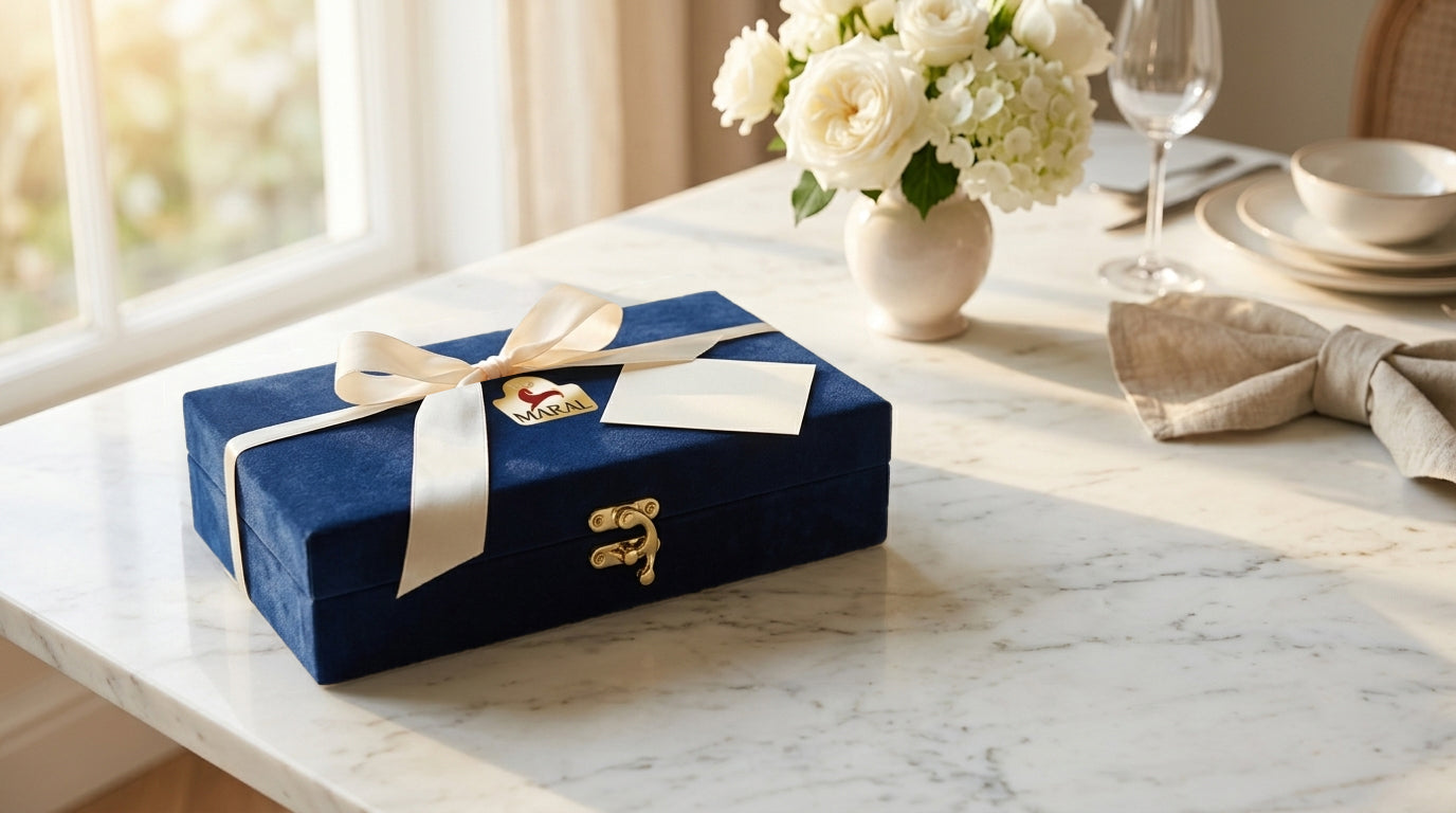 A blue velvet MARAL gift box presented on a table