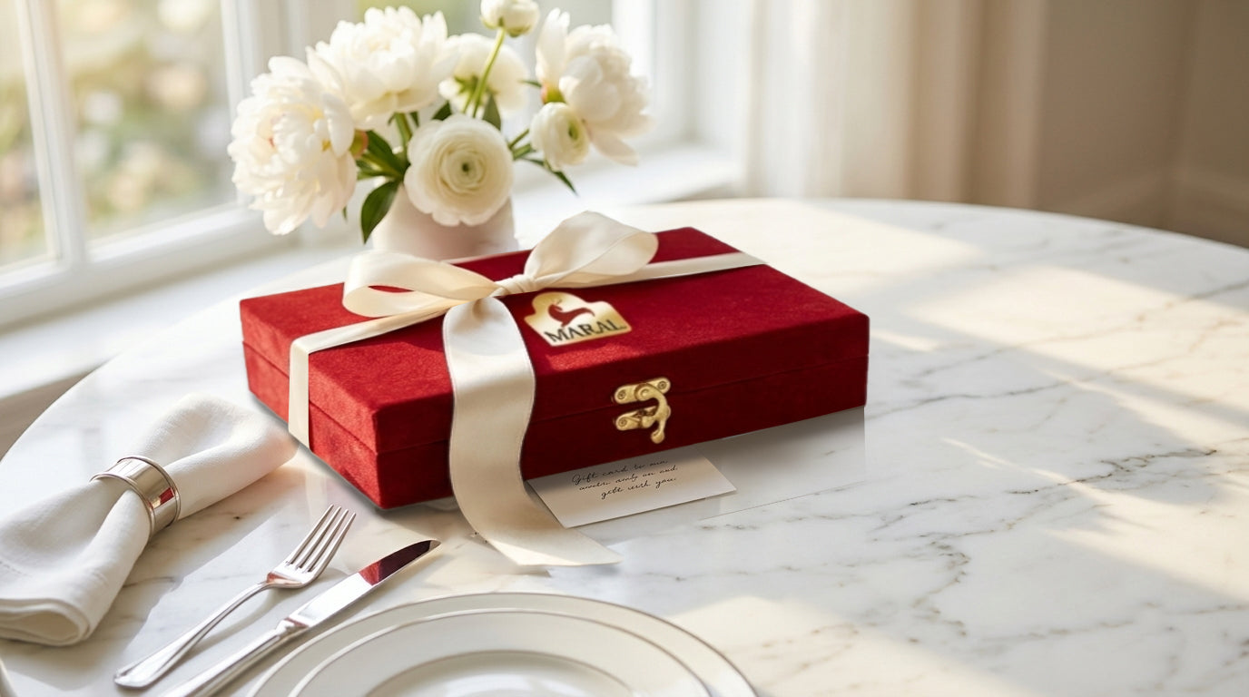 A red velvet MARAL gift box presented on a table
